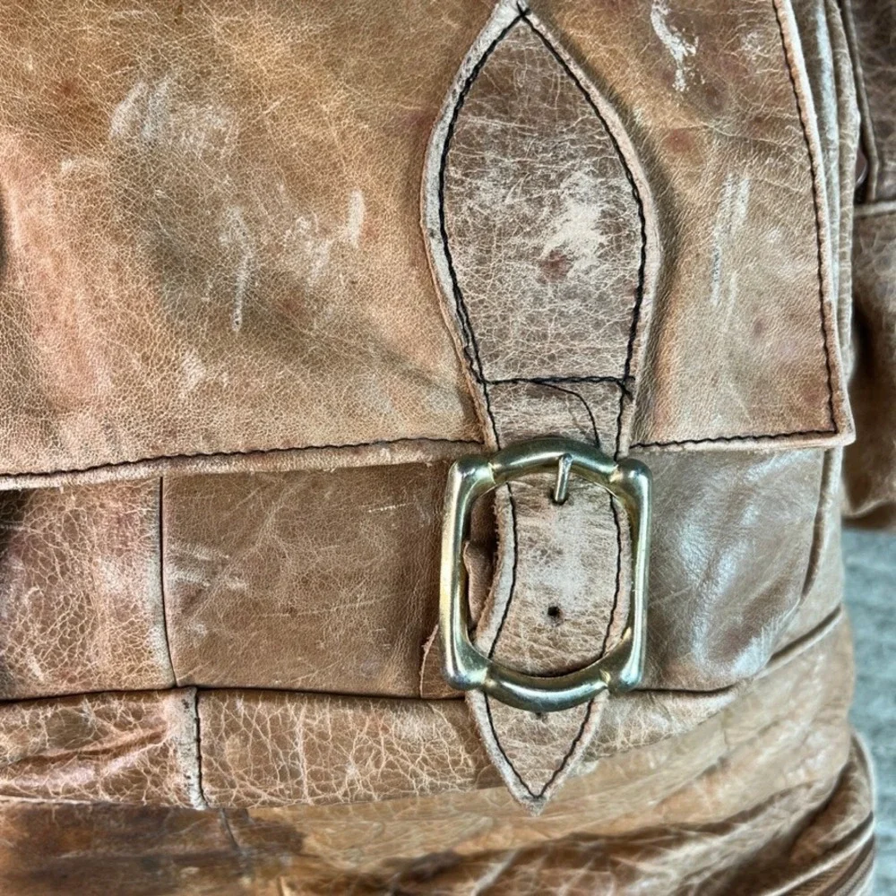 Vintage Tan Distressed Leather Backpack Rucksack Multi-Pocket Travel Bag